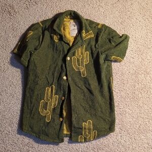 OAS Olive Green Short-Sleeve Button-Down Terry Shirt with Yellow Cactus Motifs